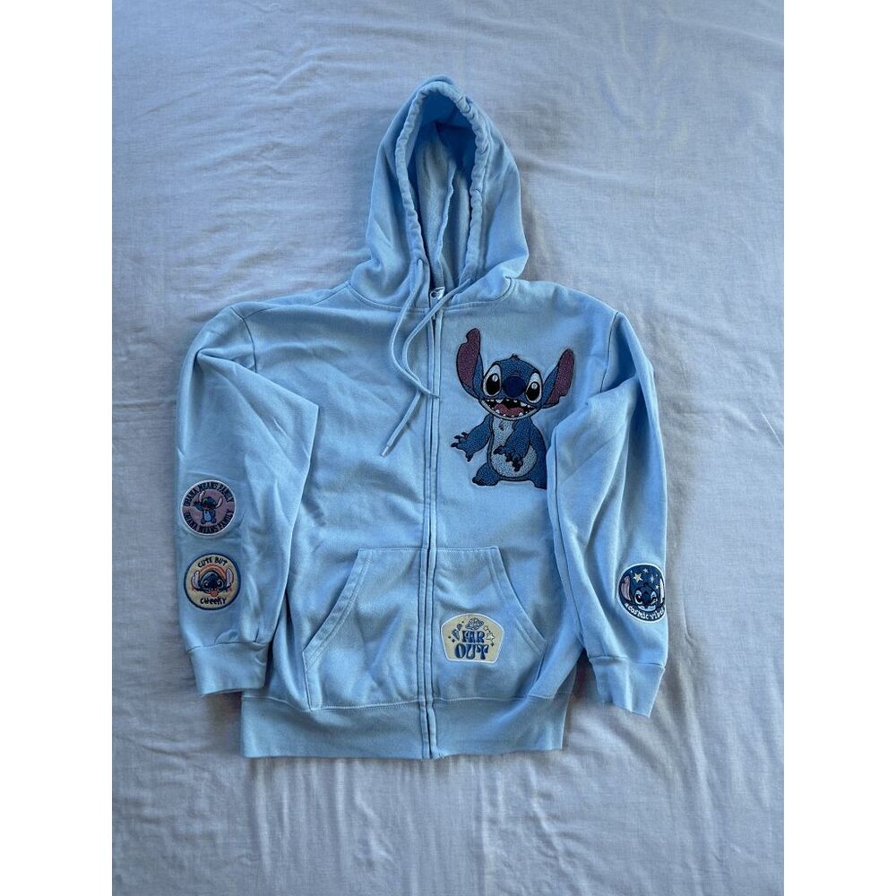 Disney's Stitch Blue Zip Up Drawstring Hoodie, Size Small, Patches, Pockets